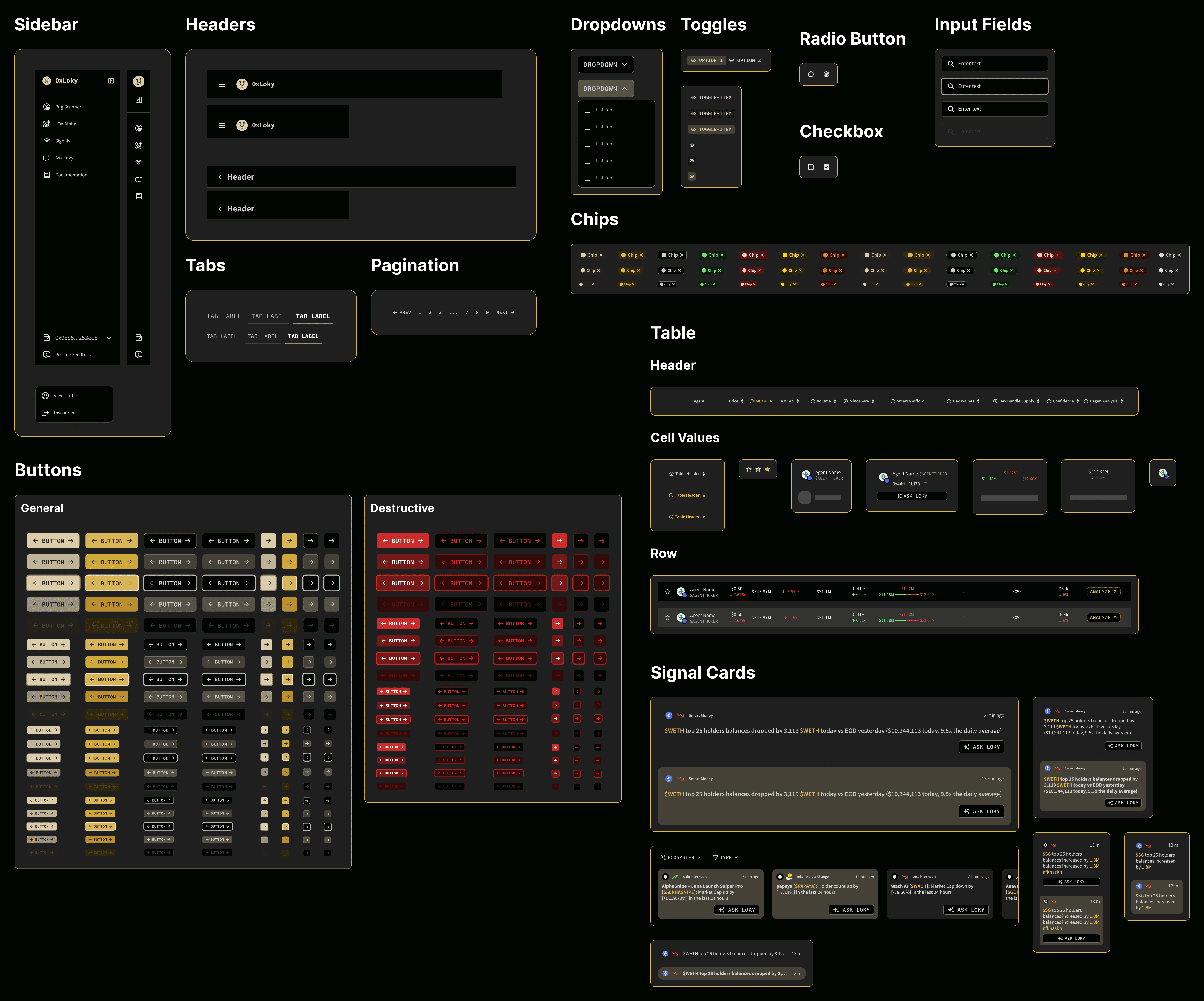Loky design system core components: tables, cards, filters