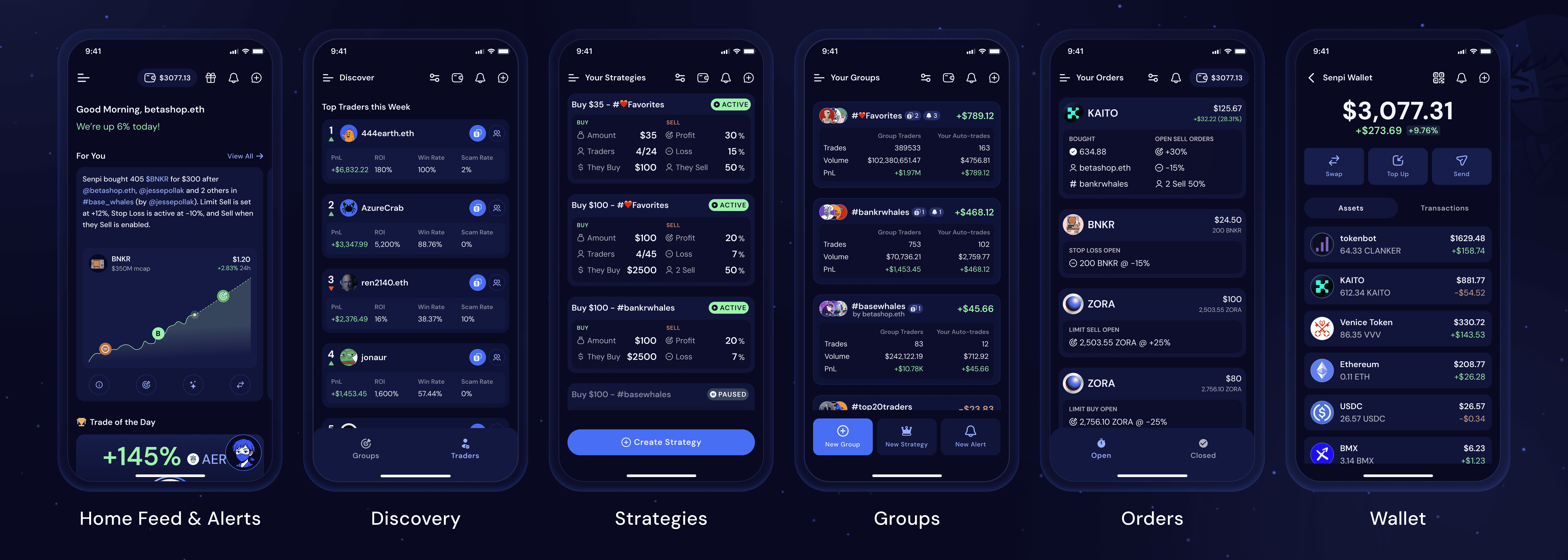 Senpi primary screens: Feed, Discover, Strategies, Groups, Orders, Wallet
